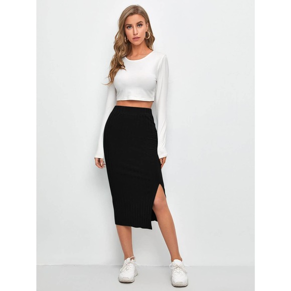 BohoGypsyDreamer.com Dresses & Skirts - Slit Hem Rib knit Pencil Skirt midi business casual black